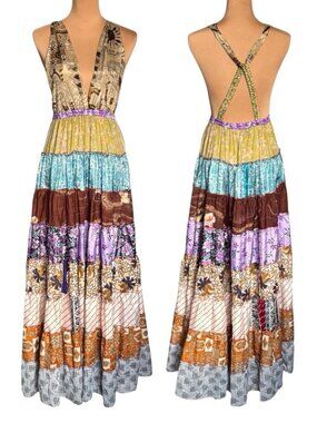 Boho Y2K Patchwork Tiered Maxi Dress Sz S Open Back Flowy Gipsy
